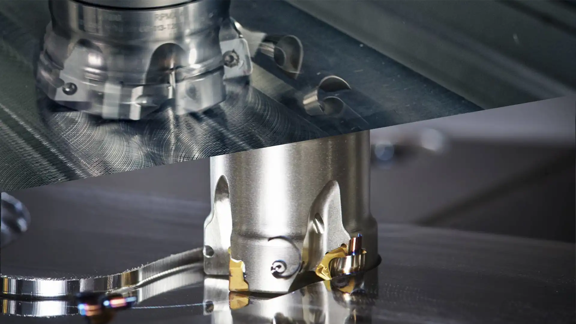 Comparison between rough milling with heavy tool marks and finish milling with a mirror-like surface on a CNC machined part.