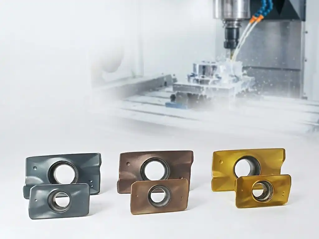 A collection of six APMT carbide milling inserts—APMT 1604 and APMT 1135 in grey, bronze, and gold coatings—displayed in the foreground. In the background, a CNC vertical machining center is actively milling with coolant.