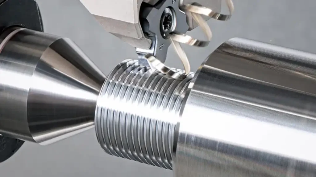 CNC lathe cutting external threads on a shaft with full profile carbide threading insert