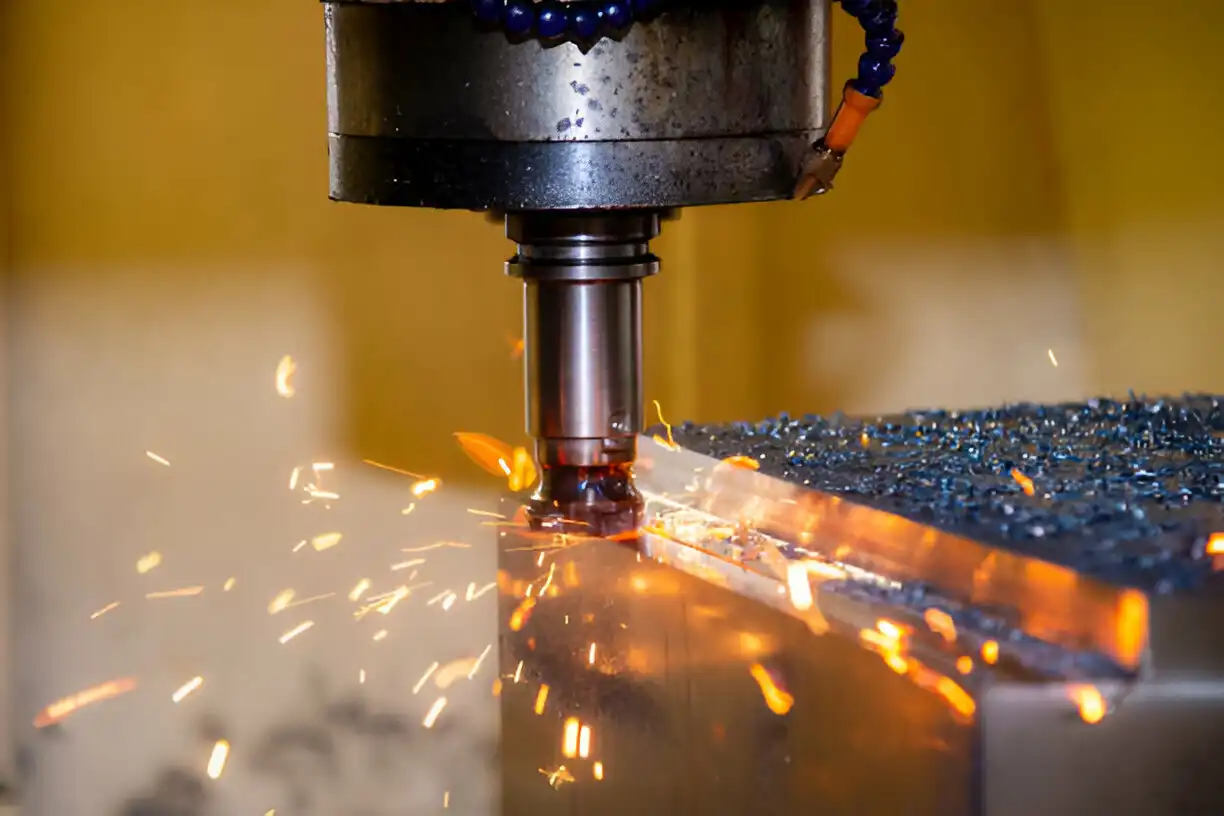 High-speed milling process showing sparks during metal cutting on a CNC machine.