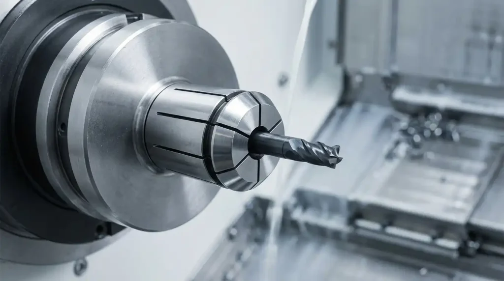 Close-up shot of a high-precision ER collet chuck securely holding a solid carbide drill bit within a CNC machine spindle, optimized for stability in drilling operations.