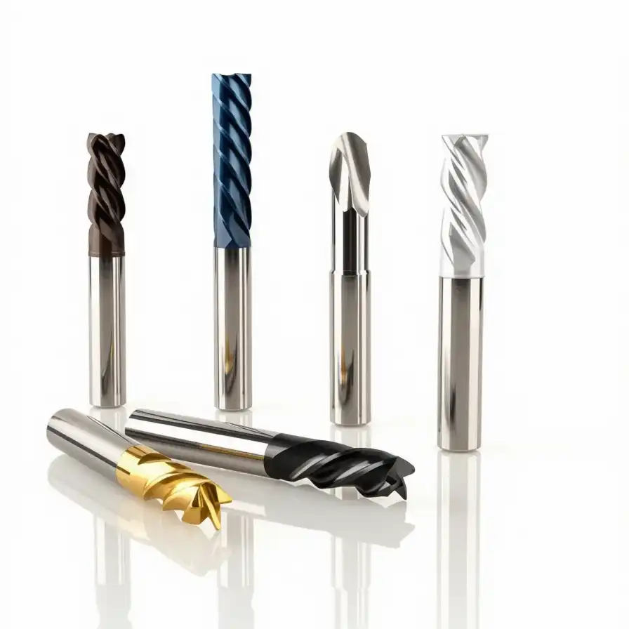 A variety of industrial carbide end mills on a white reflective surface, showcasing different geometries, flute counts, and colorful PVD coatings like AlTiN (blue, black), TiN (gold), and TiAlN (bronze).
