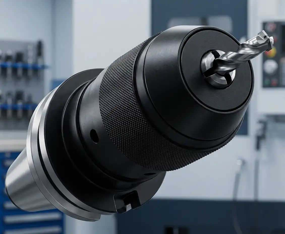 High-precision keyless drill chuck holder with twist drill bit mounted for CNC machining.