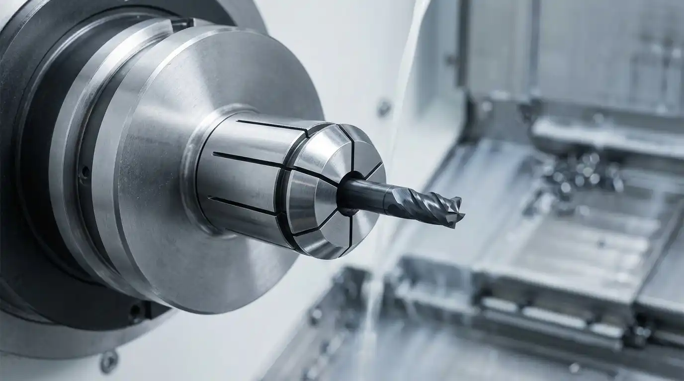 Close-up shot of a high-precision ER collet chuck securely holding a solid carbide drill bit within a CNC machine spindle, optimized for stability in drilling operations.